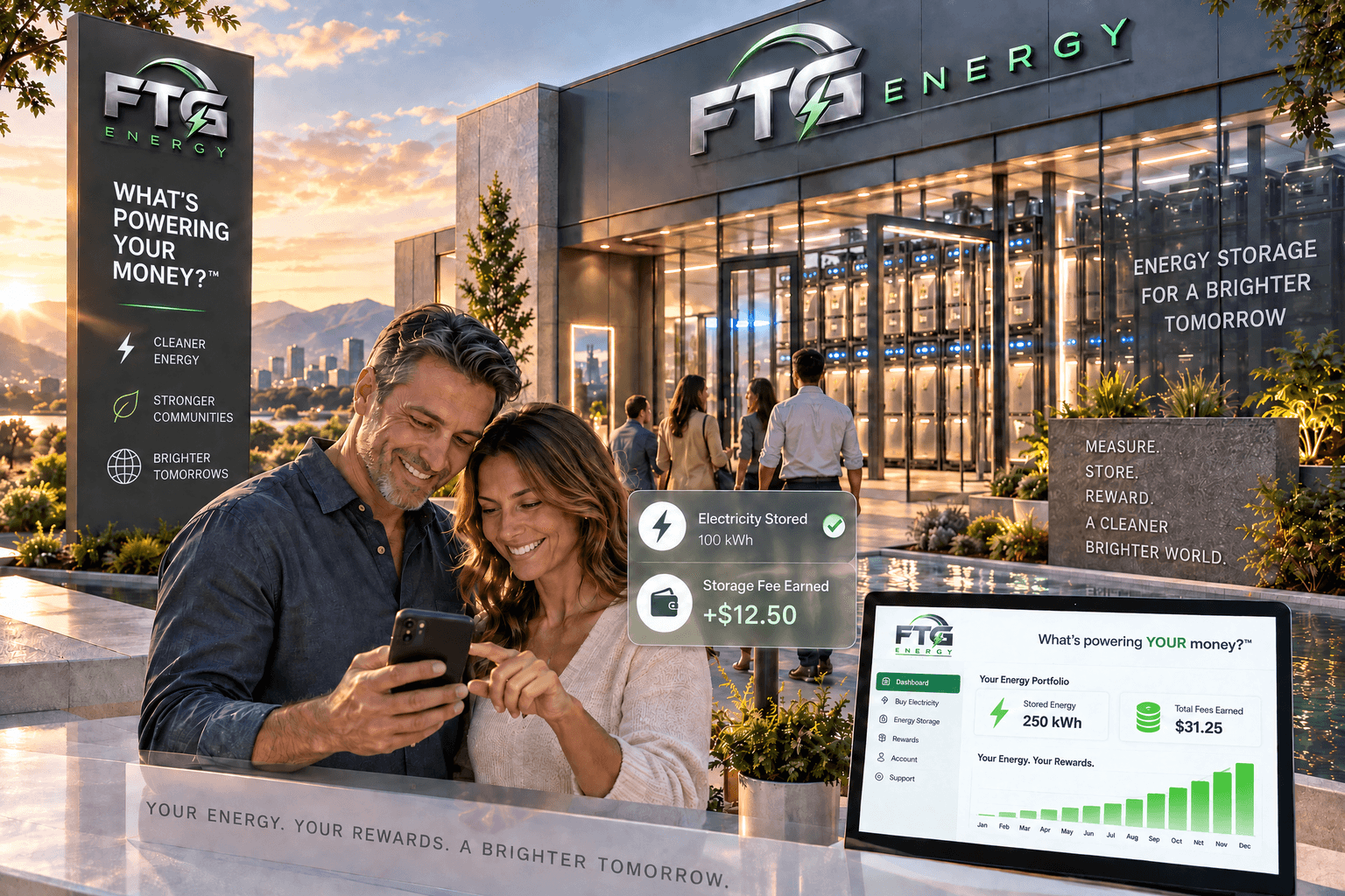 FTG Energy account holders viewing electricity stored and storage fees earned at a modern energy storage center